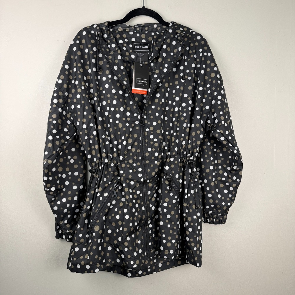 ShedRain Anorak Rain Jacket Women's M\L Black Polka Dot Print Packable Zip Up